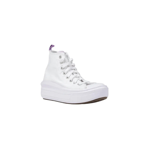 Converse Baskets à plateforme en tissu blanc pour femmes, montrant l'arrière avec tige blanchetop design et languette violette discrète