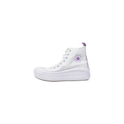 White converse all star high-top fabric sneaker with platform sole and subtle purple accents on heel tab and logo