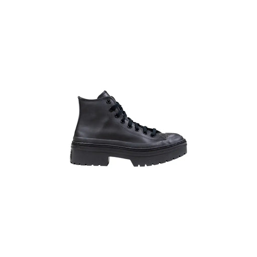 Converse Bottines à plateforme en cuir noir pour femmes, dotées d'une tige en cuir brillant.top modèle avec semelle épaisse en caoutchouc