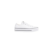 Converse women leather platform sneakers in white with black stitching and a classic low-top design