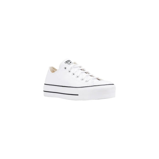 Blanc converse Baskets compensées en cuir pour femmes avec surpiqûres noires et tige classique en toile (vue de face)