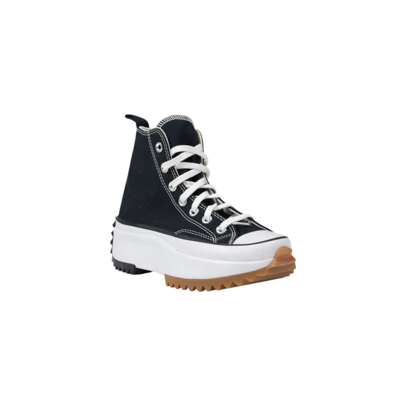 Converse women platform sneakers black fabric with white laces thick midsole and gum-colored outsole side view