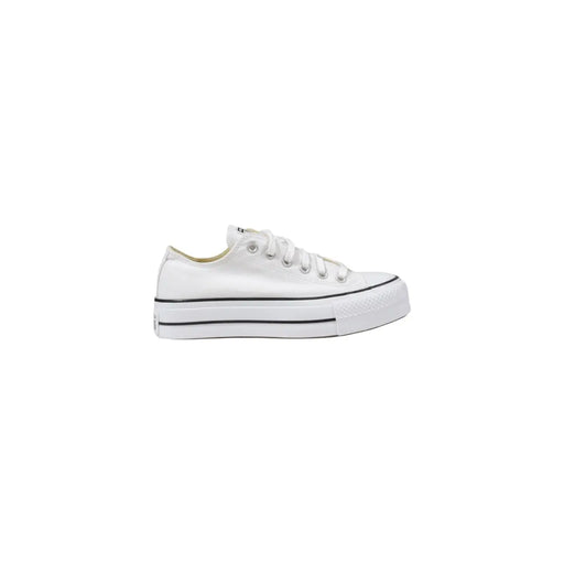 Converse Baskets compensées pour femmes en toile blanche avec semelle en caoutchouc noir et surpiqûres détaillées, idéales pour un style décontracté.