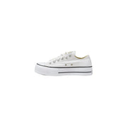Converse women platform sneakers white fabric with white canvas upper black rubber sole and classic stitching details