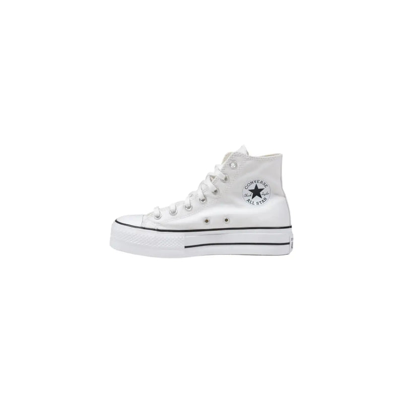White converse women high-top sneakers with black star logo and rubber sole made of textile for casual wear