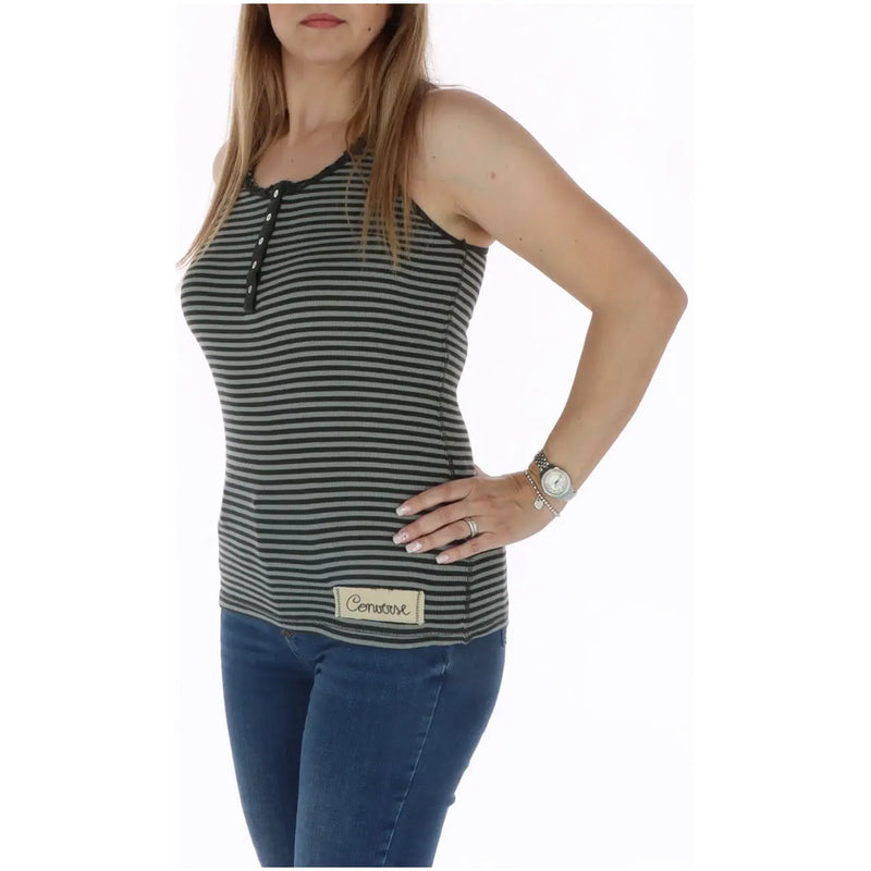 Converse femmes tank top Débardeur en coton gris rayé, sans manches, avec encolure boutonnée et étiquette de la marque Cenovare à l'ourlet
