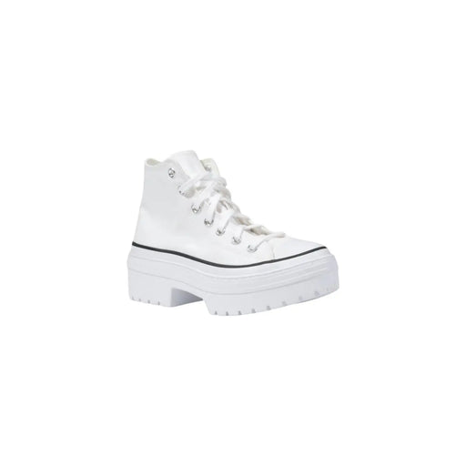 Converse Chuck Taylor montantes en tissu blanc pour femmestop Baskets à plateforme avec finition brillante et surpiqûres noires le long de la semelle