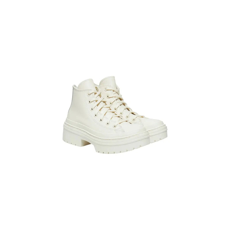 Converse women white leather platform boots featuring cream-colored high-top sneakers with smooth leather and matching laces