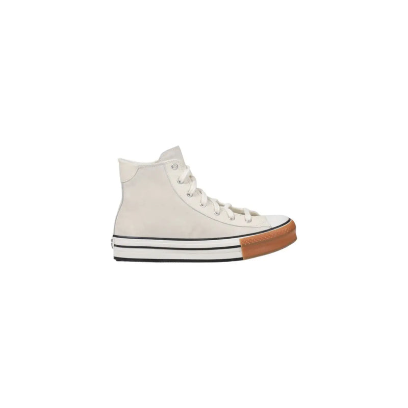 Converse women white leather platform sneakers with cream high-top design and tan rubber toe cap with black stripes