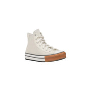 Cream-colored Converse women white leather platform sneaker with tan rubber toe cap and black stripe detailing