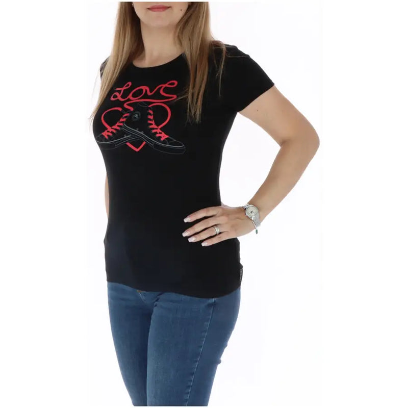 Converse women’s black round neck t-shirt with red love text and sneakers graphic design made of 100% cotton