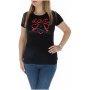 Converse women’s black round neck t-shirt 100 percent cotton with red embroidered sneakers and love design on front