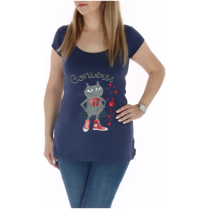 Navy blue converse women’s short sleeve t-shirt with cartoon cat in red sneakers and cape and converse script above