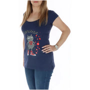 Navy blue Converse women’s short sleeve t-shirt with cartoon cat graphic and red splatter accents