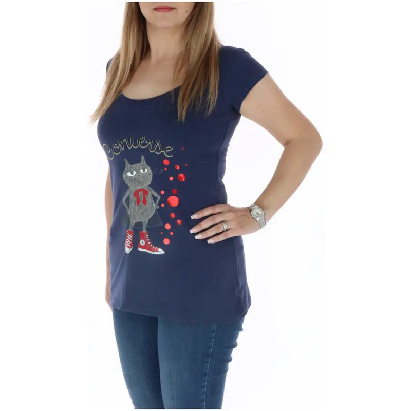Navy blue Converse women’s short sleeve t-shirt with cartoon cat graphic and red splatter accents