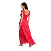 Coral polyester v neck maxi dress with flowing fabric ruffled cap sleeves and visible back zipper detail