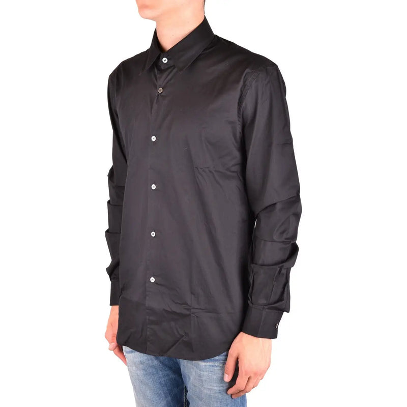 Chemise à manches longues en coton noir pour homme Costume National, avec boutons blancs et un léger brillant.