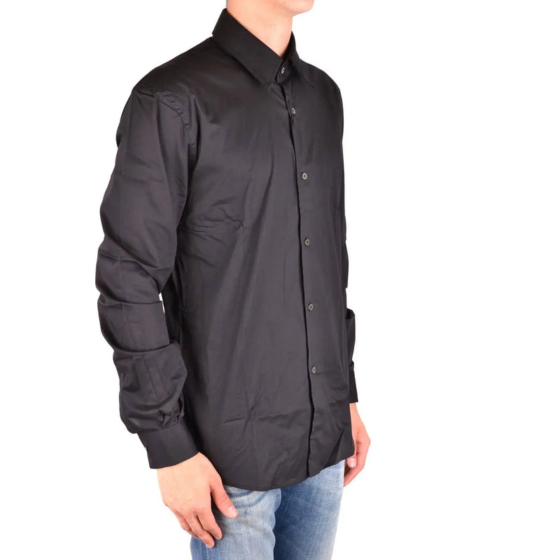 Chemise à manches longues en coton noir Costume National pour homme, avec col classique et plis discrets sur le devant.