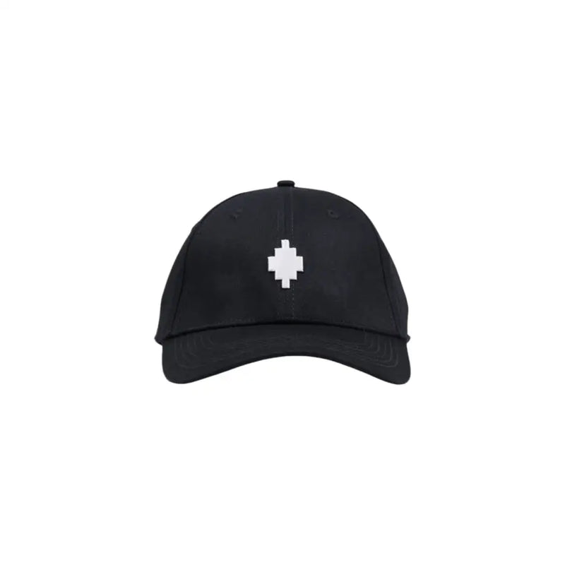 Black baseball cap with white pixelated cross design, adjustable strap.