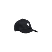 Black baseball cap with white maple leaf design, cotton material.
