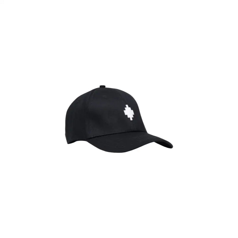 Black baseball cap with white maple leaf design, cotton material.