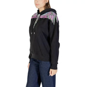 Black cotton hooded sweatshirt for women by County Of Milan with vibrant multicolored wing embroidery on the back