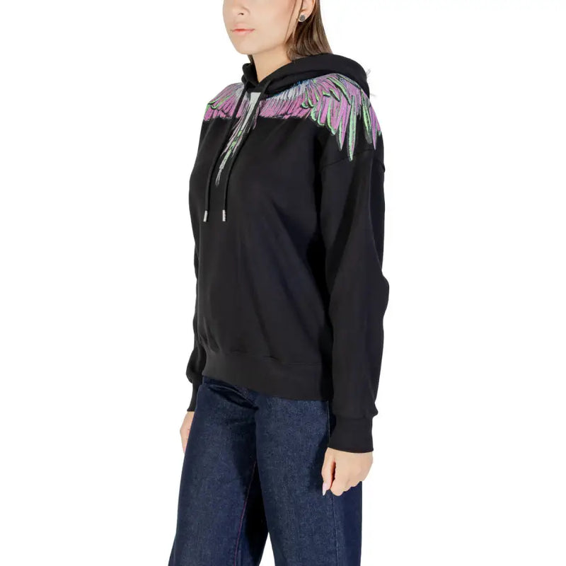 County of Milan black cotton hoodie for women with vibrant multicolored wing design