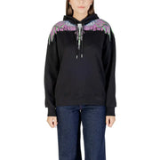 County of milan black cotton hooded sweatshirt for women with vibrant multicolored wings on the back shoulders