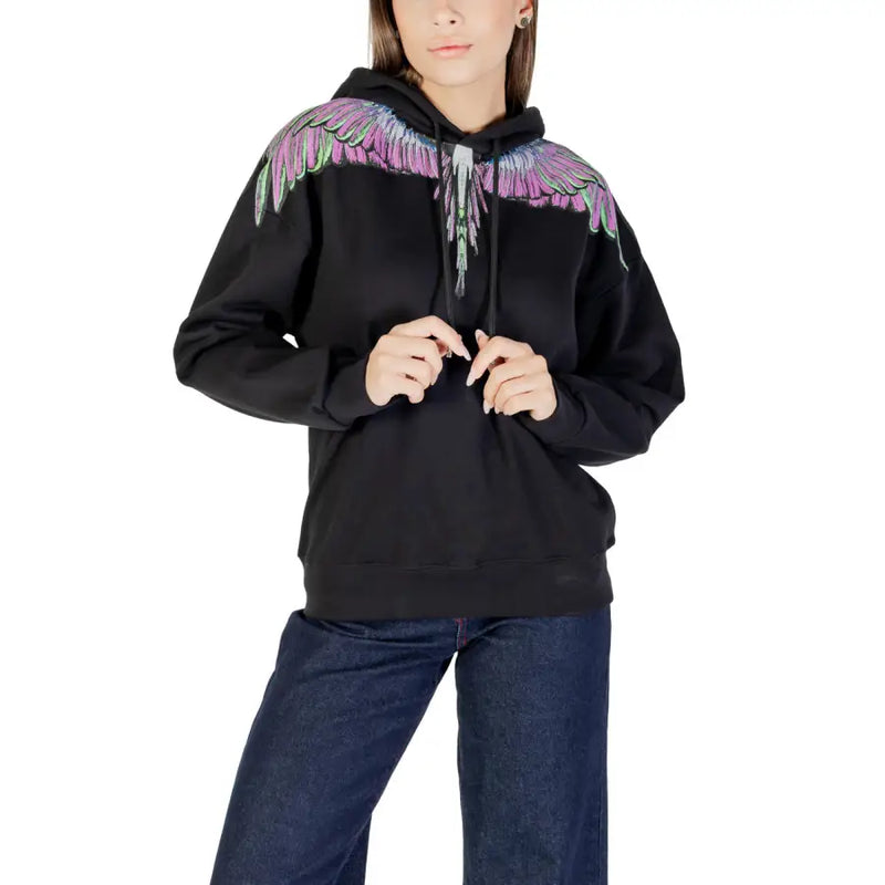 County of milan black cotton hoodie for women with vibrant purple and green iridescent wings embroidered on the back