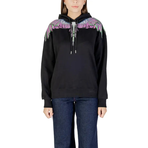 County of Milan black cotton hoodie with purple pink winged shoulders for women
