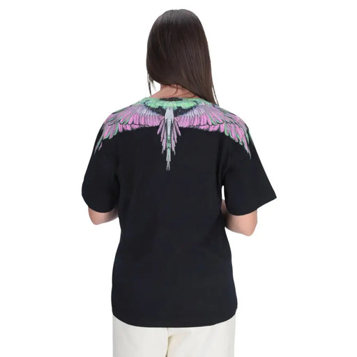 County of Milan black cotton women’s round neck t-shirt with vibrant multicolored wing graphic