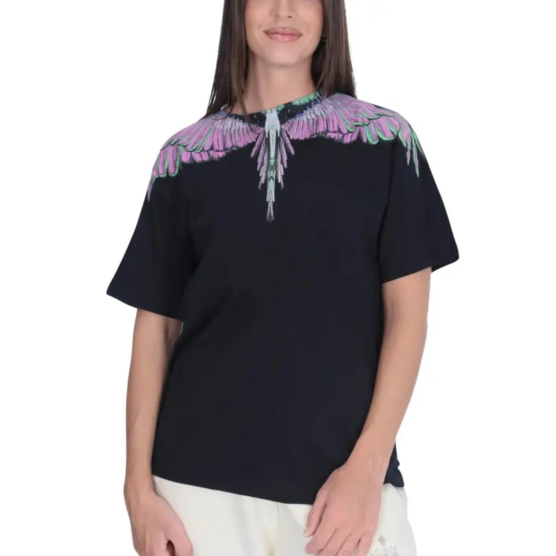 County of Milan black cotton women’s round neck t-shirt with purple teal wing graphic