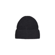 Black ribbed beanie hat with fold-over cuff and soft texture.