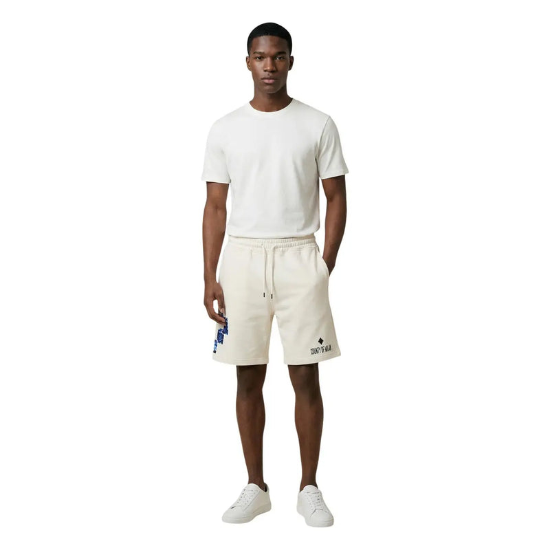 Short en coton County Of Milan pour homme, couleur crème, avec taille élastiquée à cordon et détail graphique bleu, vue de face