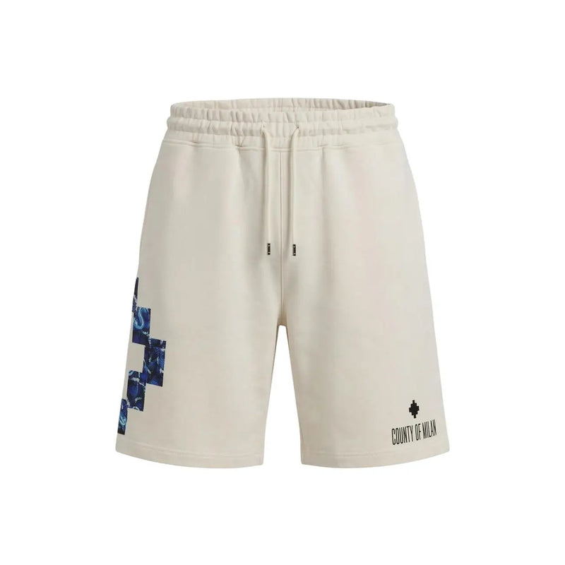 Short en coton County of Milan pour homme, couleur crème, avec motif pixelisé bleu et logo près de l'ourlet, vue de face