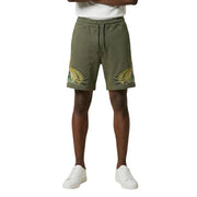 Short en coton pour homme County of Milan, vert olive, orné de broderies de feuilles tropicales (vue de profil).