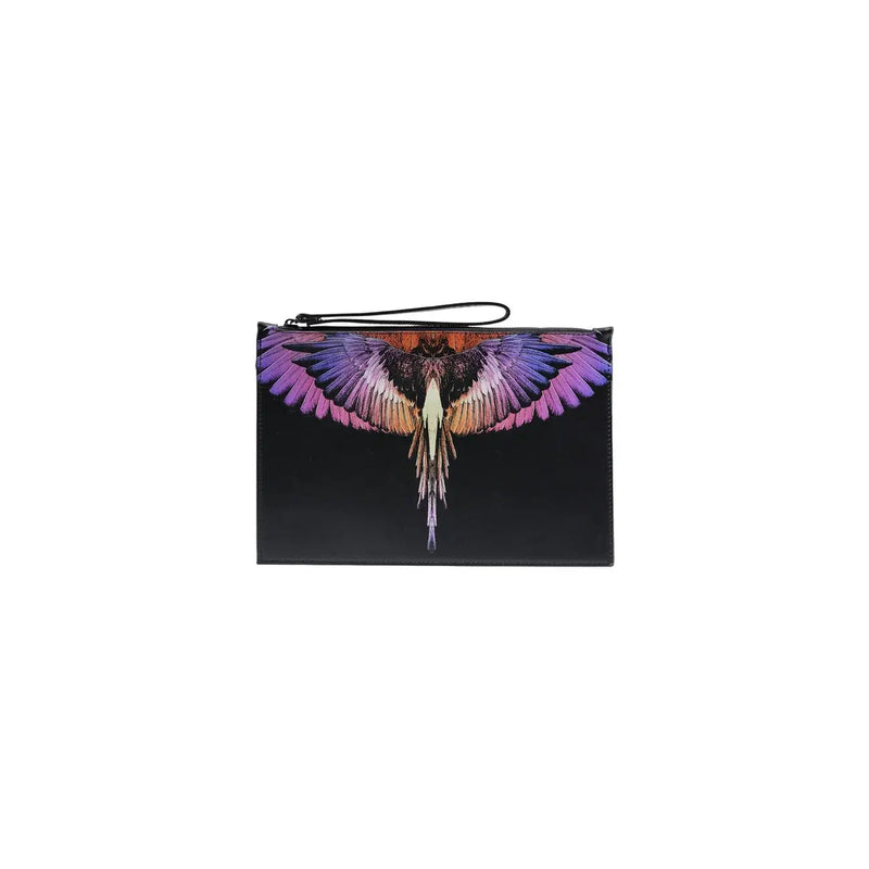 Pochette pour homme County of Milan en similicuir noir ornée d'un motif d'oiseau aux ailes irisées aux teintes violettes, roses et orange.