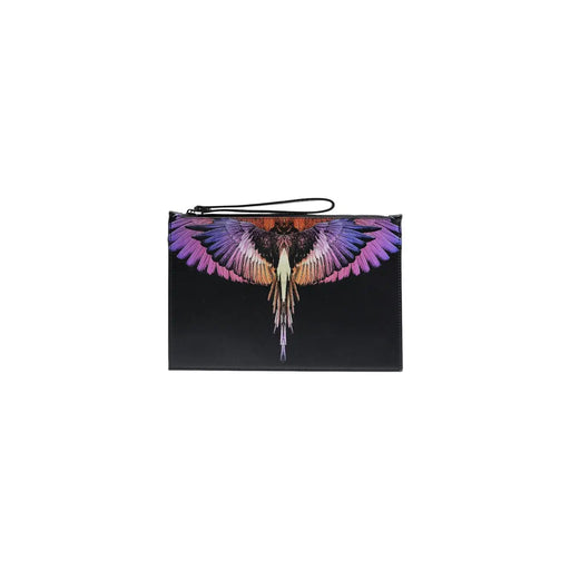 Pochette pour homme County of Milan en similicuir noir ornée d'un motif d'oiseau aux ailes irisées aux teintes violettes, roses et orange.