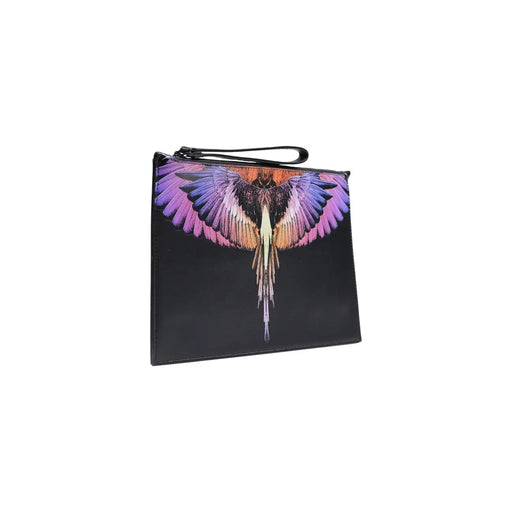 Sac homme County of Milan en similicuir noir 30x20 avec un motif d'oiseau aux ailes irisées aux plumes violettes, roses et orange.
