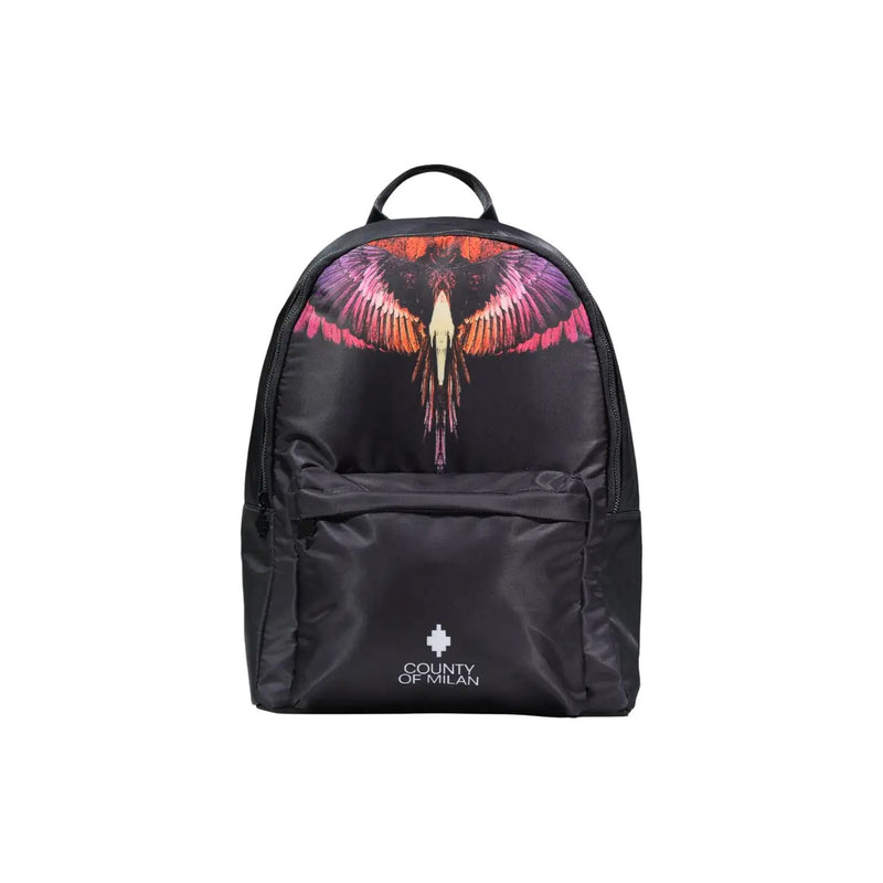 Sac à dos homme County of Milan en nylon noir orné d'un motif d'ange ailé aux couleurs vives et d'un logo brodé sur le devant
