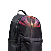 Sac à dos homme en nylon noir County of Milan, orné d'un motif d'oiseau aux ailes violettes et roses colorées, 38 x 42 x 15 cm