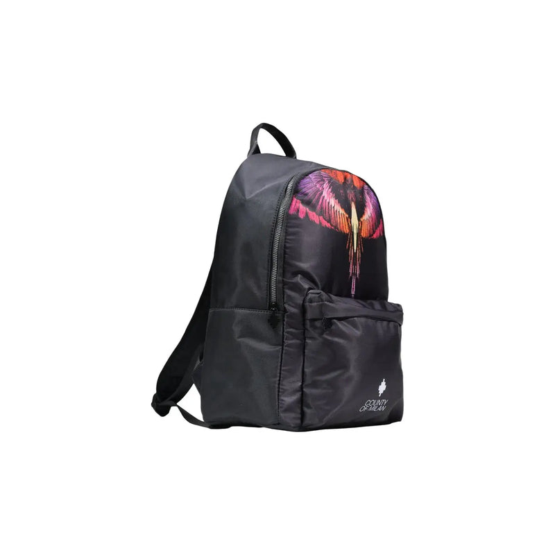 Sac à dos homme County of Milan en nylon noir, 38 x 42 x 15 cm, orné d'un motif d'ailes aux couleurs vives sur le devant.