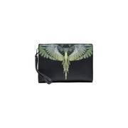 Pochette pour homme County of Milan en similicuir noir avec motif d'ailes vertes et blanches détaillé, 26 x 19 x 7 cm