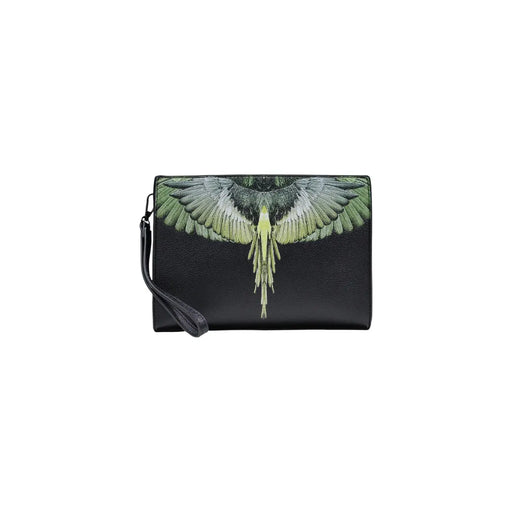 Pochette pour homme County of Milan en similicuir noir avec motif d'ailes vertes et blanches détaillé, 26 x 19 x 7 cm