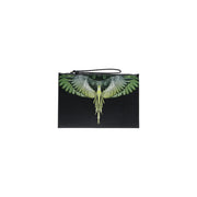 Pochette homme County of Milan en similicuir noir avec motif d'oiseau ailé vert et blanc détaillé et dragonne 30x20