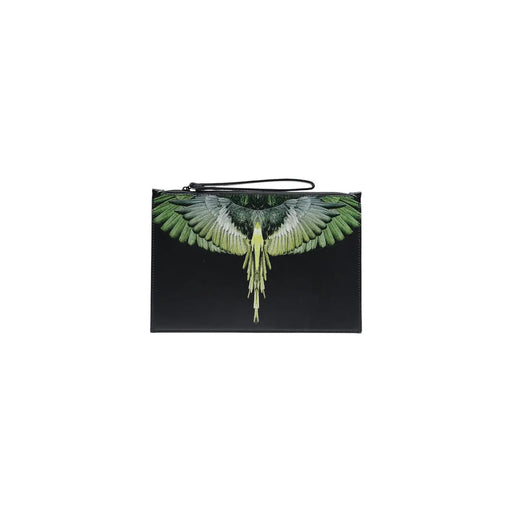 Pochette homme County of Milan en similicuir noir avec motif d'oiseau ailé vert et blanc détaillé et dragonne 30x20
