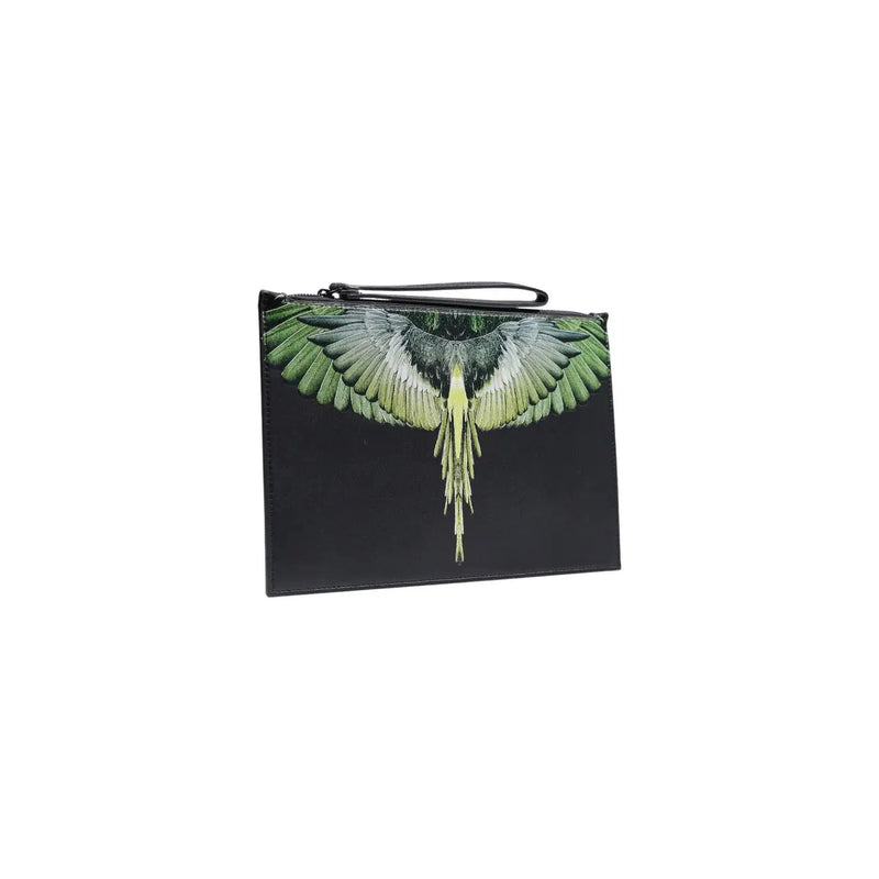 Pochette pour homme County of Milan en similicuir noir ornée d'un motif d'oiseau aux ailes vertes et blanches éclatantes et d'une tirette de fermeture éclair noire