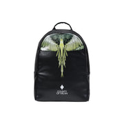 Sac à dos en cuir noir orné d'un motif d'oiseau aux ailes vertes et blanches éclatantes et du logo du comté de Milan en bas.