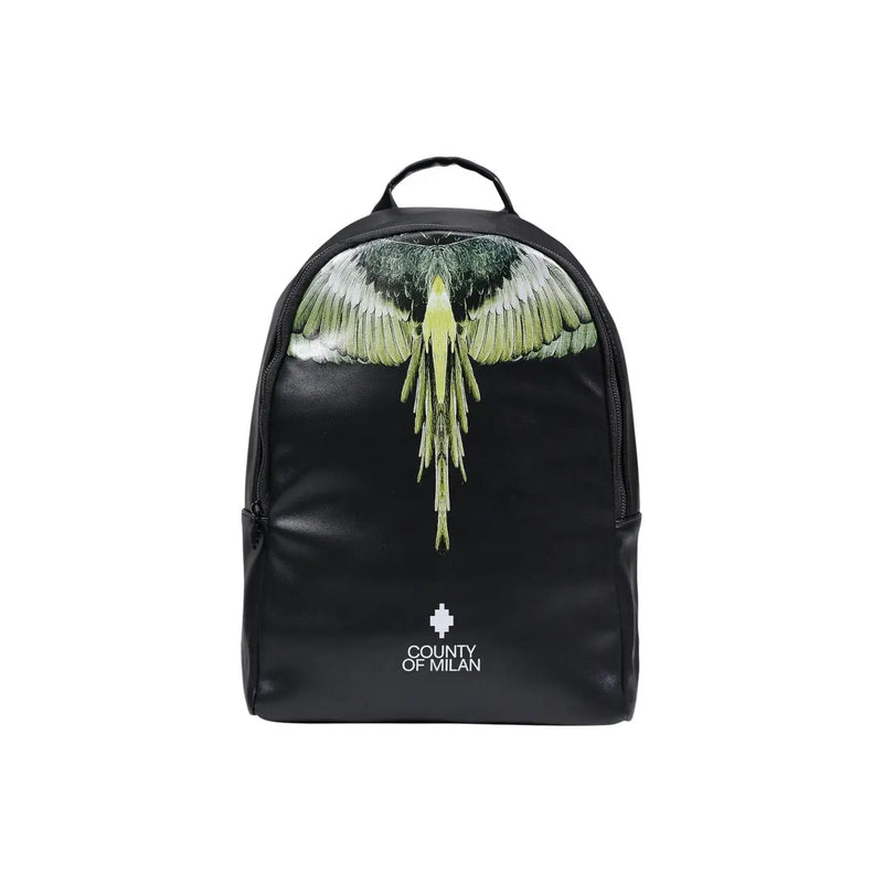 Sac à dos en cuir noir orné d'un motif d'oiseau aux ailes vertes et blanches éclatantes et du logo du comté de Milan en bas.