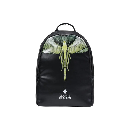 Sac à dos en cuir noir orné d'un motif d'oiseau aux ailes vertes et blanches éclatantes et du logo du comté de Milan en bas.